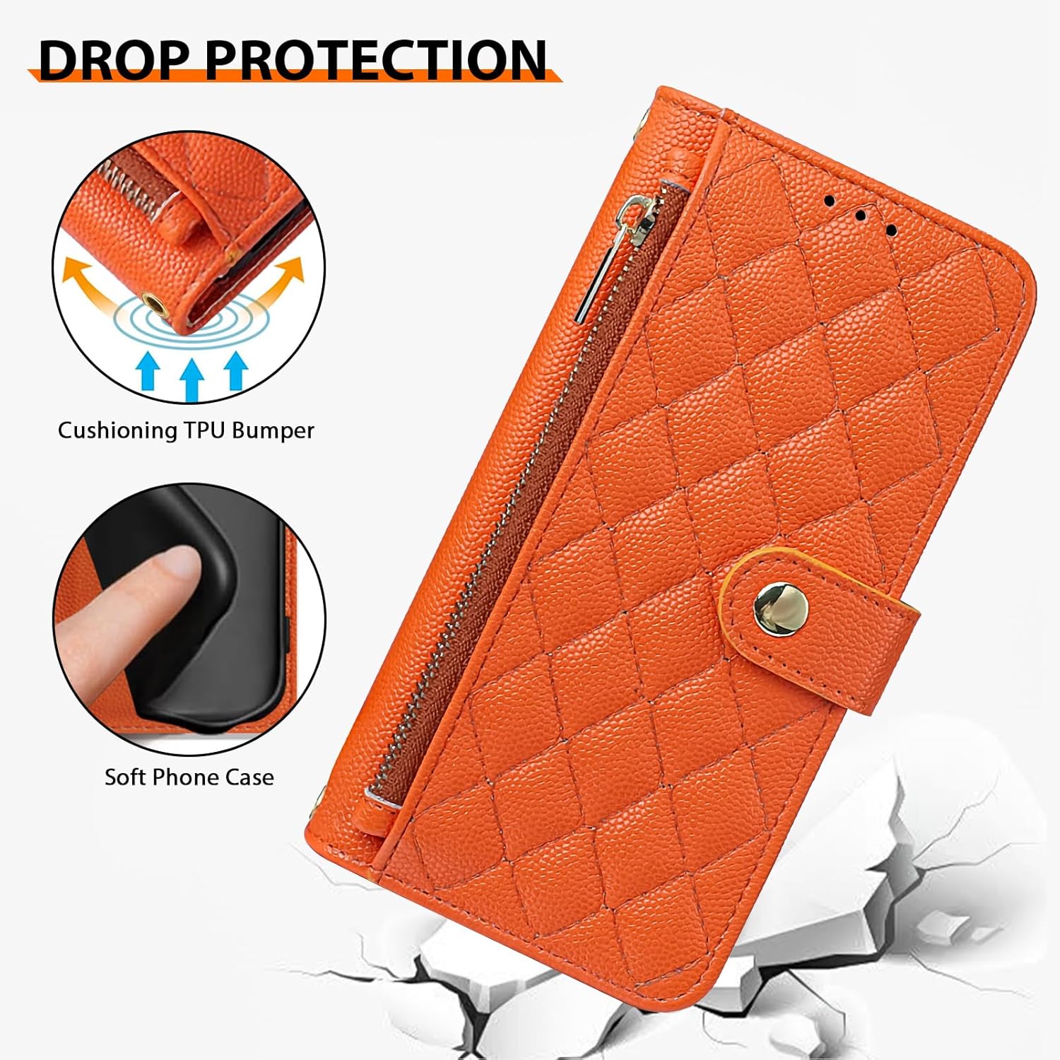Women Wallet Phone Case Compatible with iPhone 17 Pro Max, PU Leather Phone Case Flip Cover Wrist Strap Zipper Credit Card Holder Slots, Orange.
