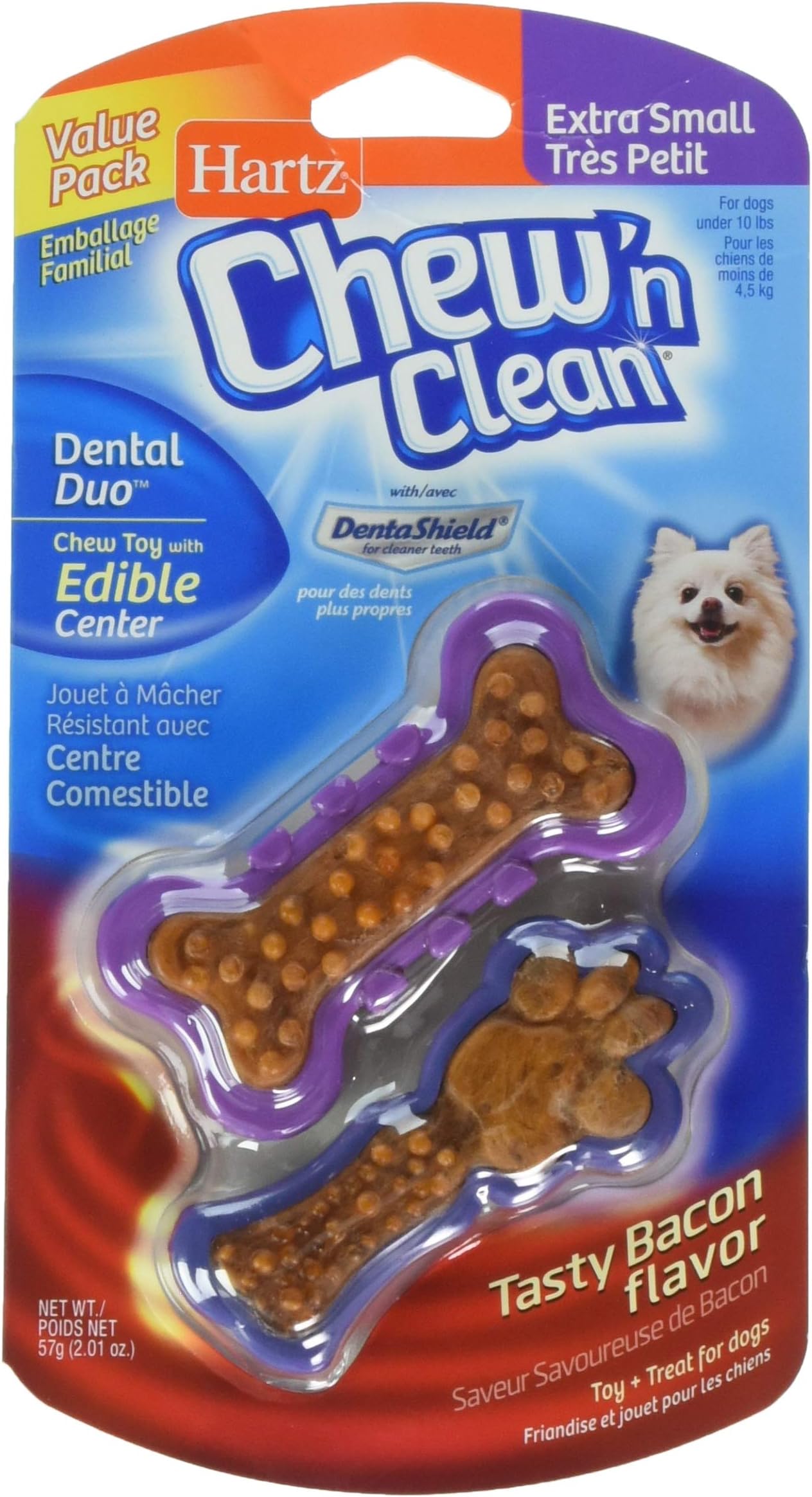 Chew 'n Clean Dental Duo Bacon Flavored Dental Dog Chew Toy and Treat - Extra Small, 2 Pack