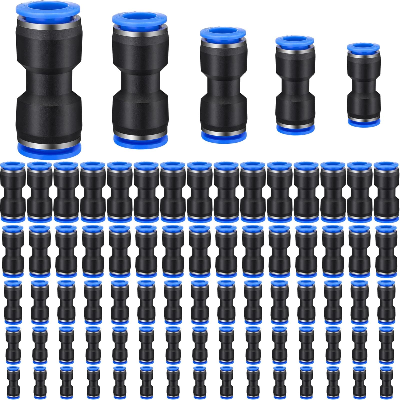 Konohan 100 Pcs Quick Connect Air Hose Fittings 1/8", 1/4", 5/16", 3/8", 1/2" Straight Push Metric Connectors Quick Release Plastic Pneumatic Air Line Fittings for Tube, Truck, Automotive, 2 Way