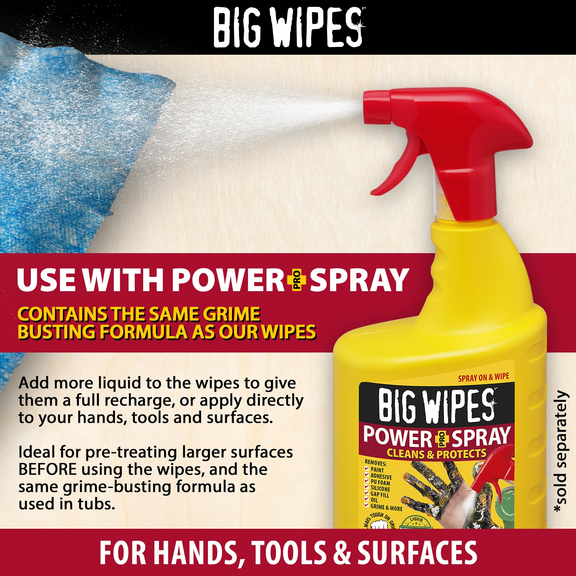 Big Wipes Heavy Duty Pro+ Salviette per le mani x50 bustine singole, rimuove vernice, olio, schiuma PU, adesivi, aloe vera, vitamina E, salviette professionali bifacciali
