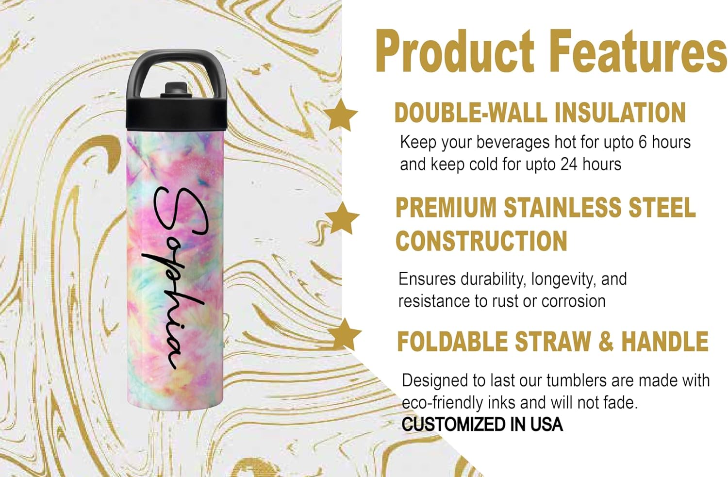 Personalized Flip Top Water Bottle 20oz | Gym Water Bottle | Travel Cup | 591ml | Purple Pink Pastel Tie Dye with Name