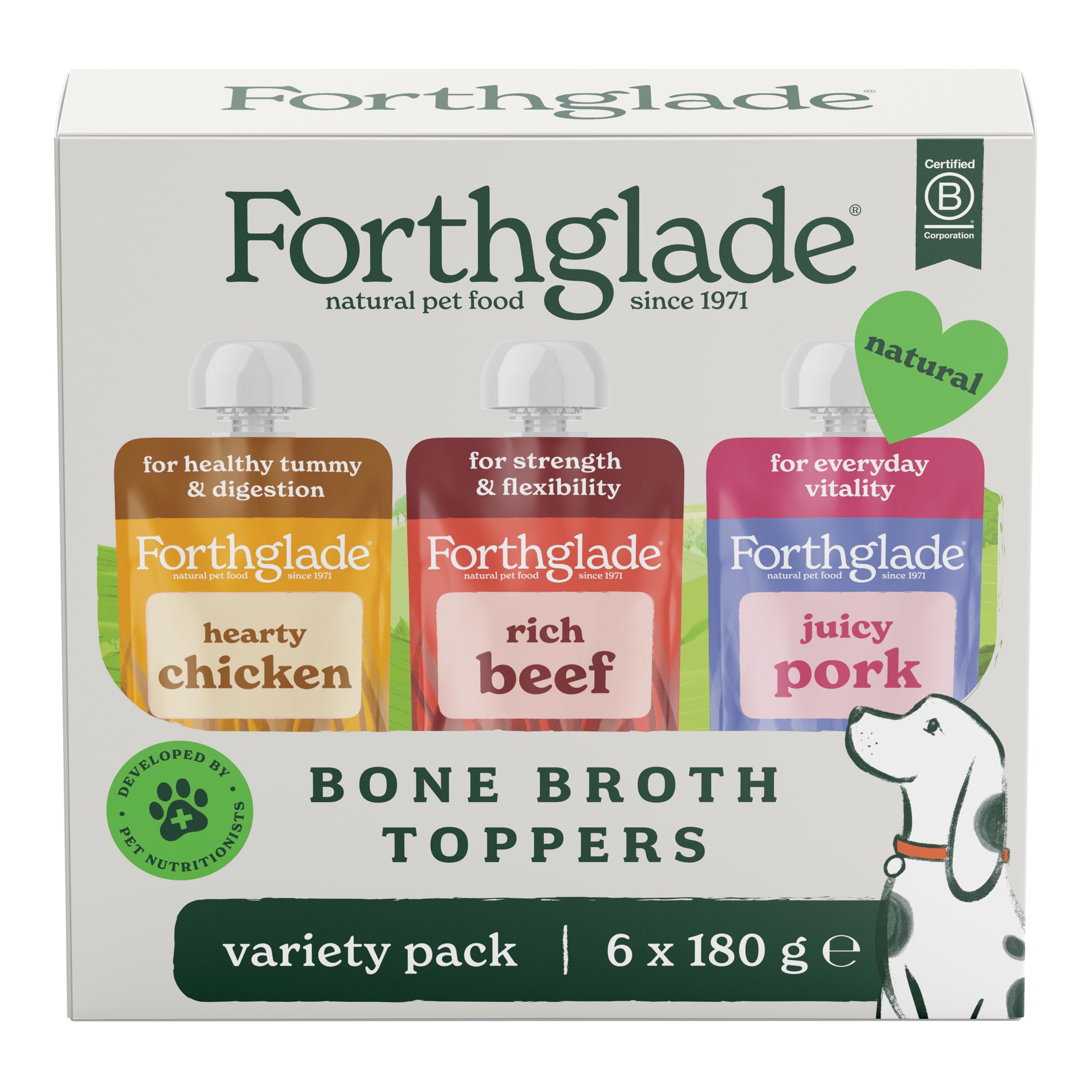 Forthglade Bone Broth for Dogs, Chicken, Pork & Beef (6x180g) Grain Free & Hypoallergenic, Natural Ingredients with Superfood Boost, Dry Dog Food Topper, 4+ Months