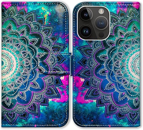 Bcov Funda para iPhone 15 Pro, diseño de flores con diseño de mandala y función atril, de piel, con ranura para tarjetas, función atril para iPhone