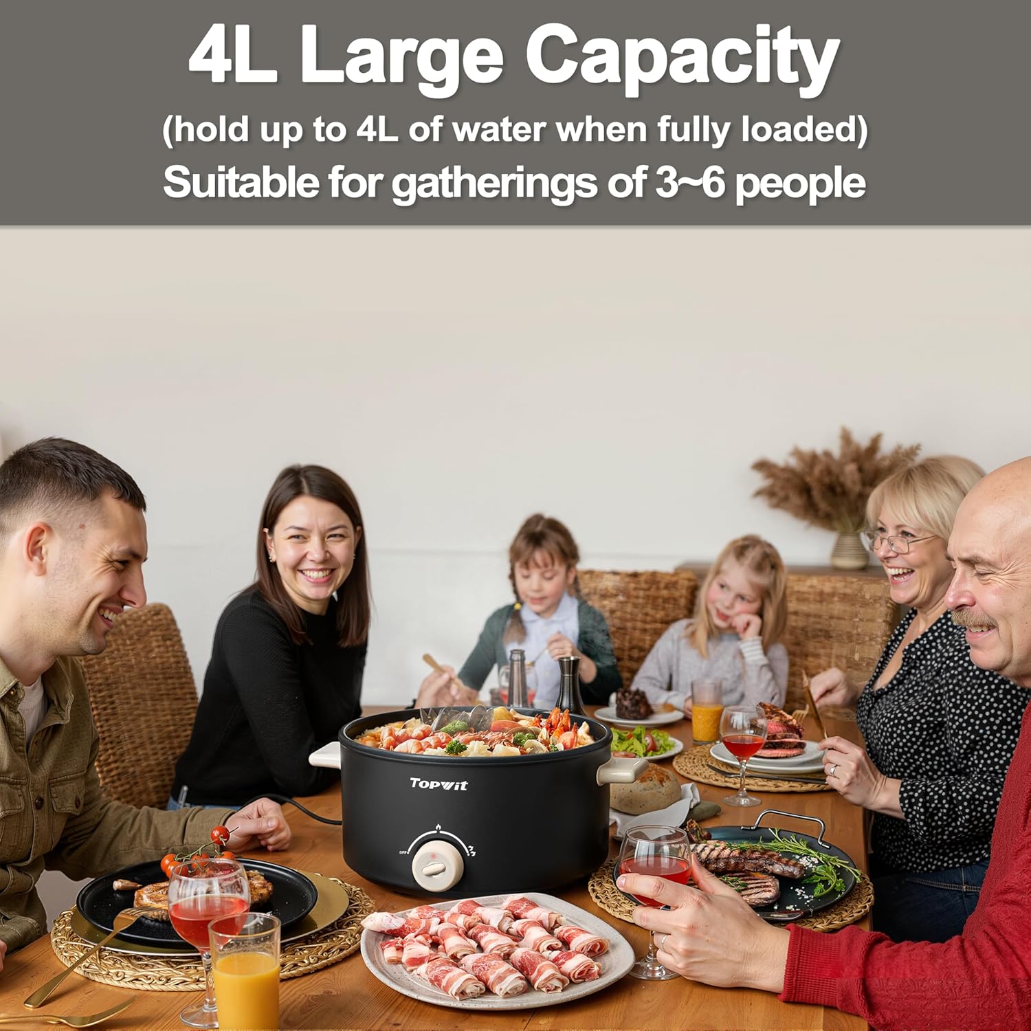 TOPWIT Hot Pot Electric, 4L Electric Pot with Non-Stick Coating, Dual Power Electric Cooker for Deep Frying, Steak, Pasta, Multi-Functional Large Capaity Shabu Shabu Pot for Party,...