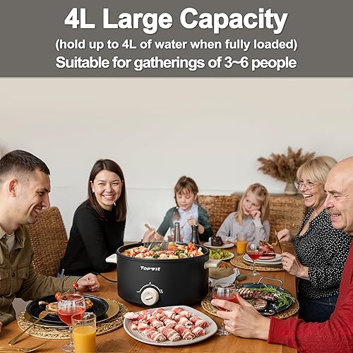 Miniatura 2 de TopWit Olla Eléctrica Hot Pot, Olla Eléctrica de 4L con Revestimiento Antiadherente, Cocina Eléctrica de Doble Alimentación para Freír en Profundo,