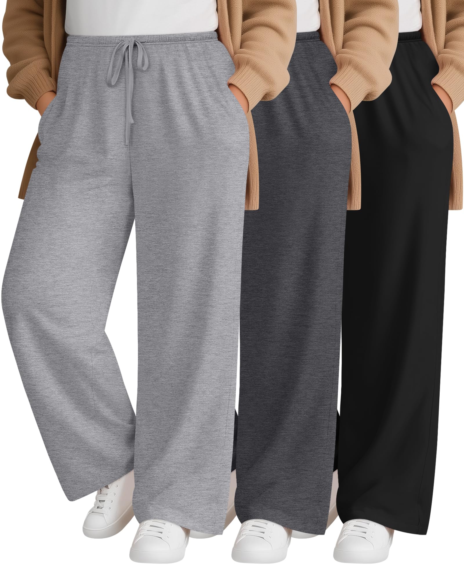 3 Pack Womens Plus Size Lounge Pants with Pockets Wide Leg Loose Drawstring Pants Casual Sweatpants Jogger Pant