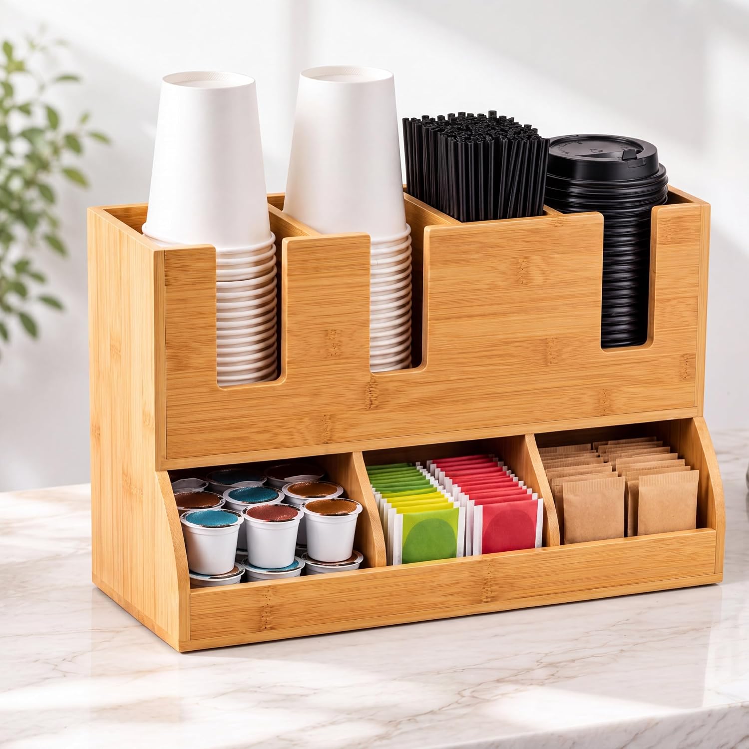 Geelin Bamboo Coffee Station Organizer with 4-compartment Double Layer, Cup and Lid Holder for Coffee Pod Straw and Lid Storage, Fits 10/12/16/20 oz Cups, Max Dia 3.9 in