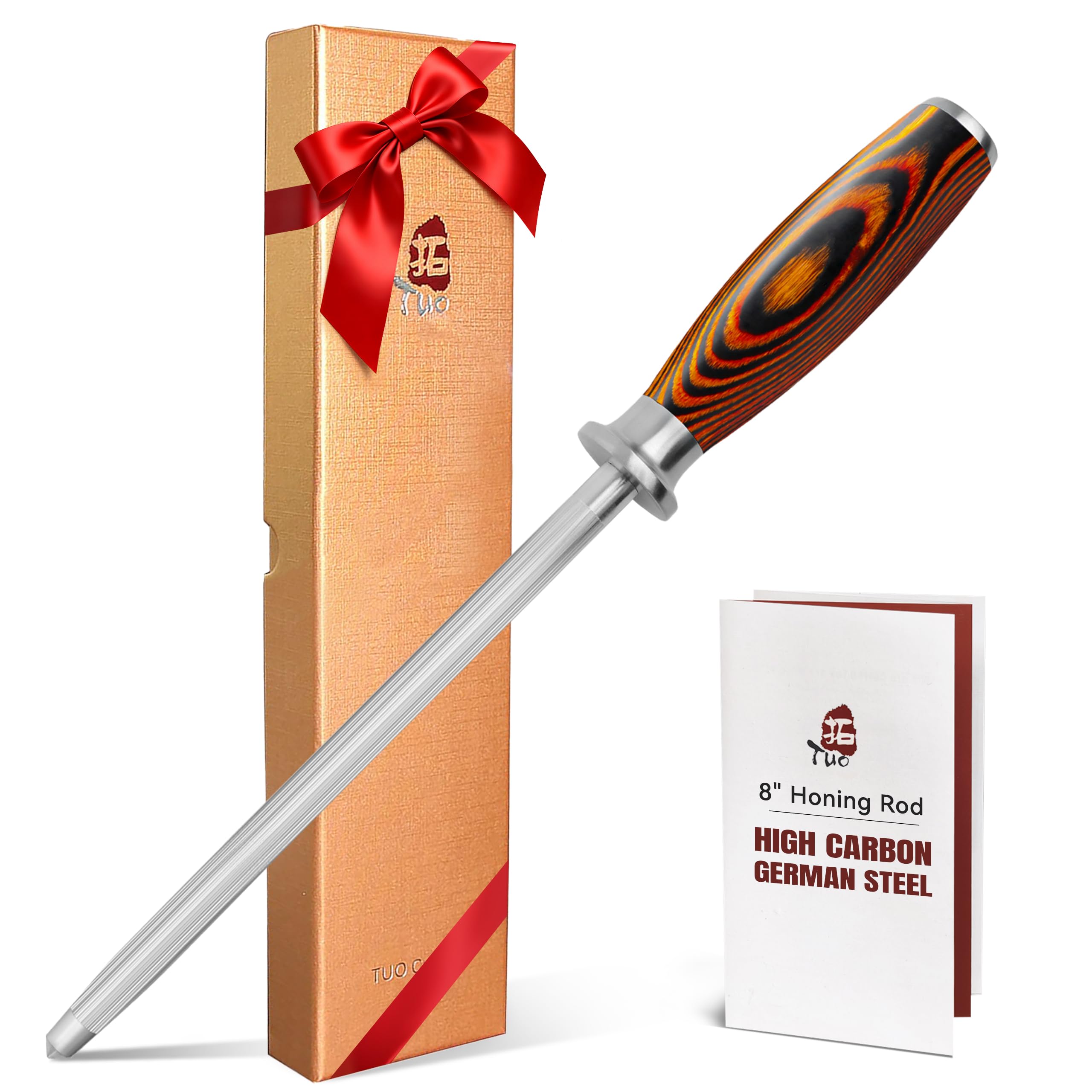 TUO Honing Rod, Sharpening Steel with Larger Diameter for Kitchen Knife Daily Sharpening Maintenance, High Carbon Steel Knife Sharpener Rod, Ergonomic Handle, 8 inch