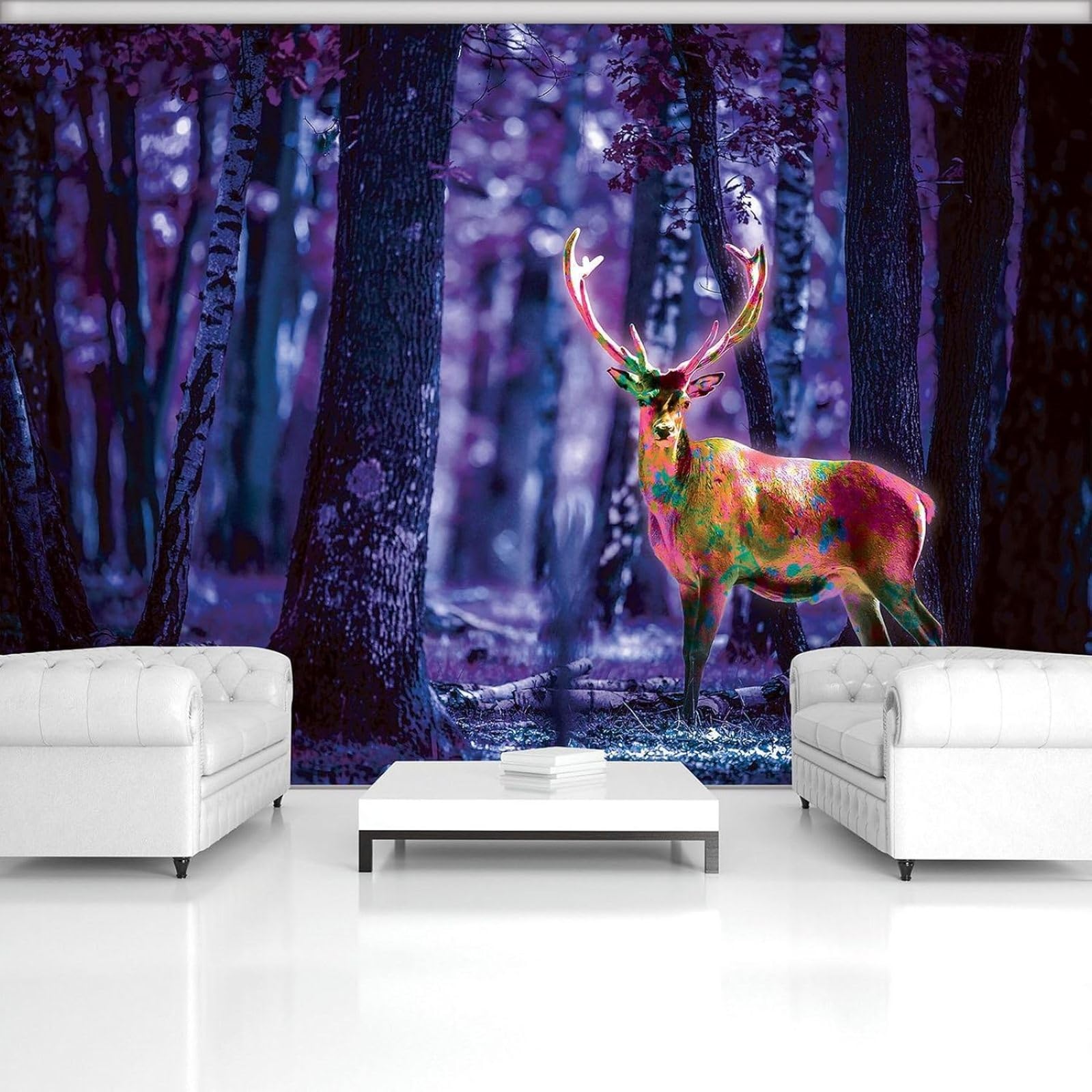 Kfjhgbdshhj 3D Mural Photo Mural-Wallpaper Fluorescent Deer Mural Animals Deer Tree Forest Purple Natural,250Cmx175cm Poster - Wall Sticker - Frameless Picture