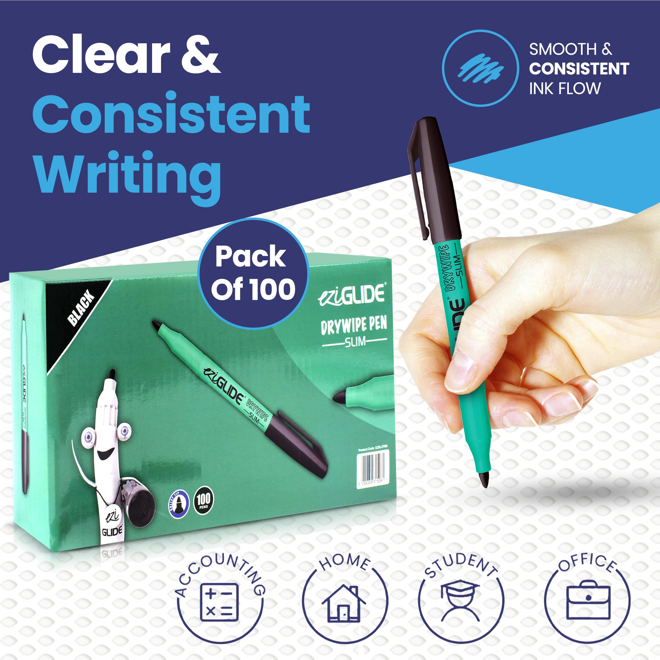Eziglide Classpack Lot de 100 stylos effaçables à sec fins pour tableau blanc, encre sans résidus, fibre résistante à pointe ogive moyenne, idéal pour l'école, la maison, le bureau