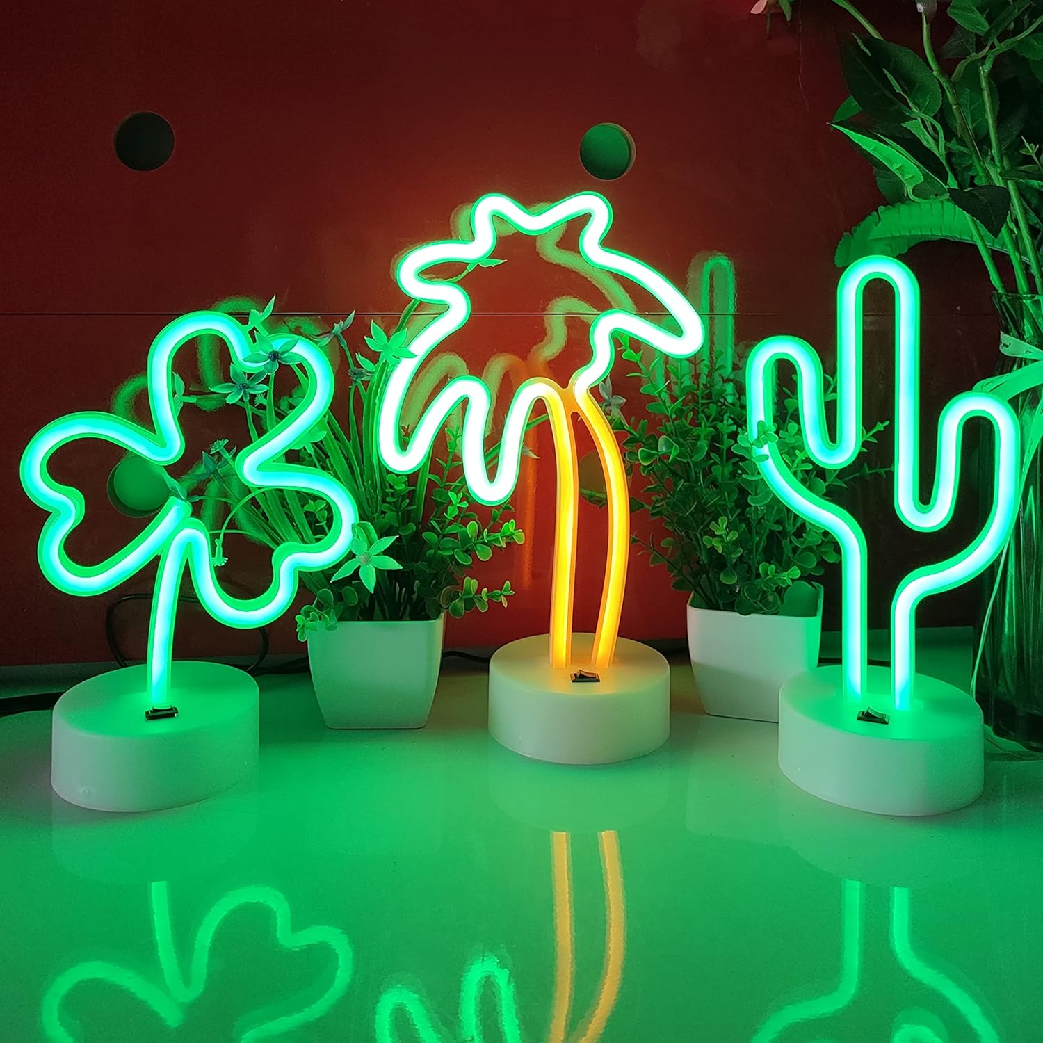 JYWJ Neon Signs with Holder Base,USB or 3-AA Battery Powered Neon Light,LED Desktop Wall Decoration,Various Parties,Decoration of Business Premises(Cactus)
