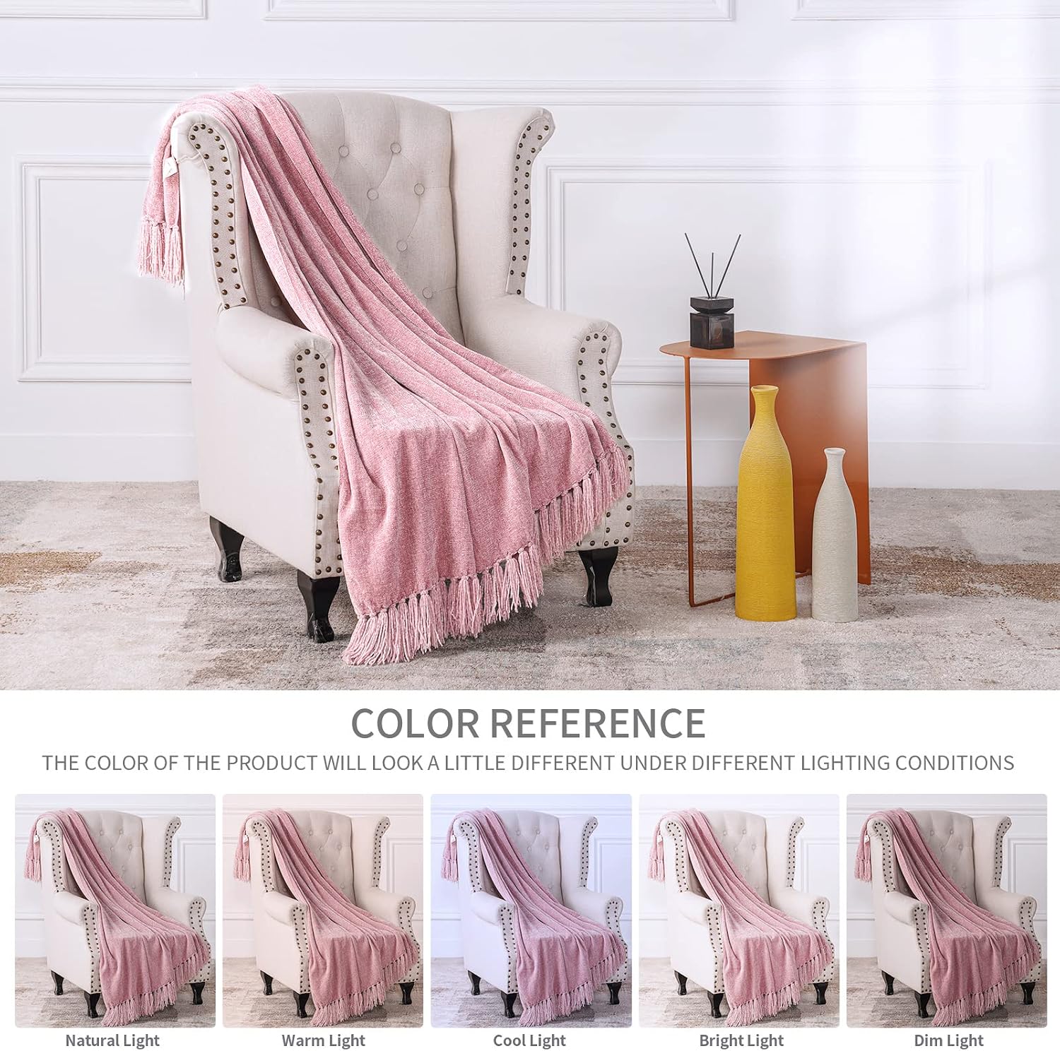 FRESHMINT Throw Blanket Soft Fluffy Chenille Throw with Decorative Tassel Fringe for Home Decor Sofa Couch Bed Gift 60 x 50 Inch, Pink