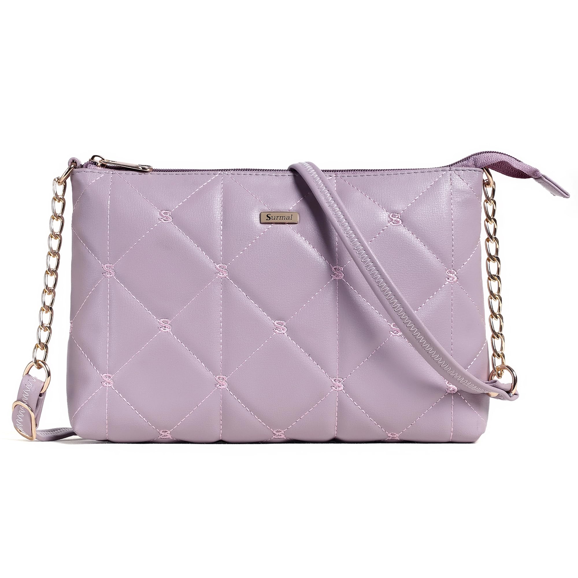 surmai Women's quilted embroidery Sling Bag with Chain Detail, Purple, PU Material, Medium Size,-picture-48