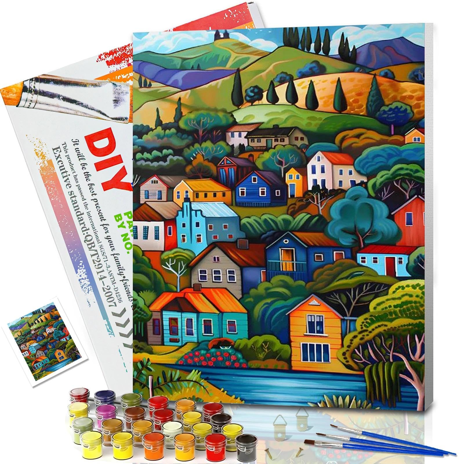 Jatok Teal Paint By Numbers For Adults With Frame, Village Painting Kits For Beginners On Colored Canvas, Easy Diy Acrylic Pigment Drawing Paintwork For Home Wall Decor, 30X40cm/12X16in