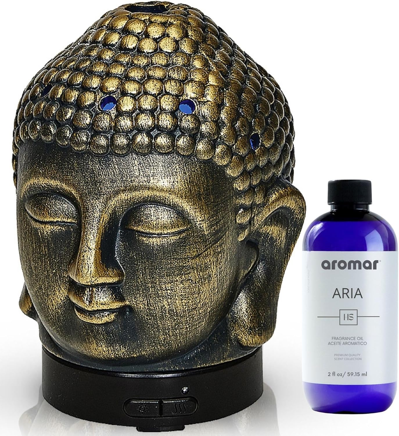 Budha Head Aromatherapy Essential Oil Diffuser with 7 Color LED Lights, Ultrasonic Humidifier, and Auto Shut-Off. for Home, Office, Yoga, Meditation Decor - Zen Statue Set, Plus 2oz Scent Oil (Bronze)