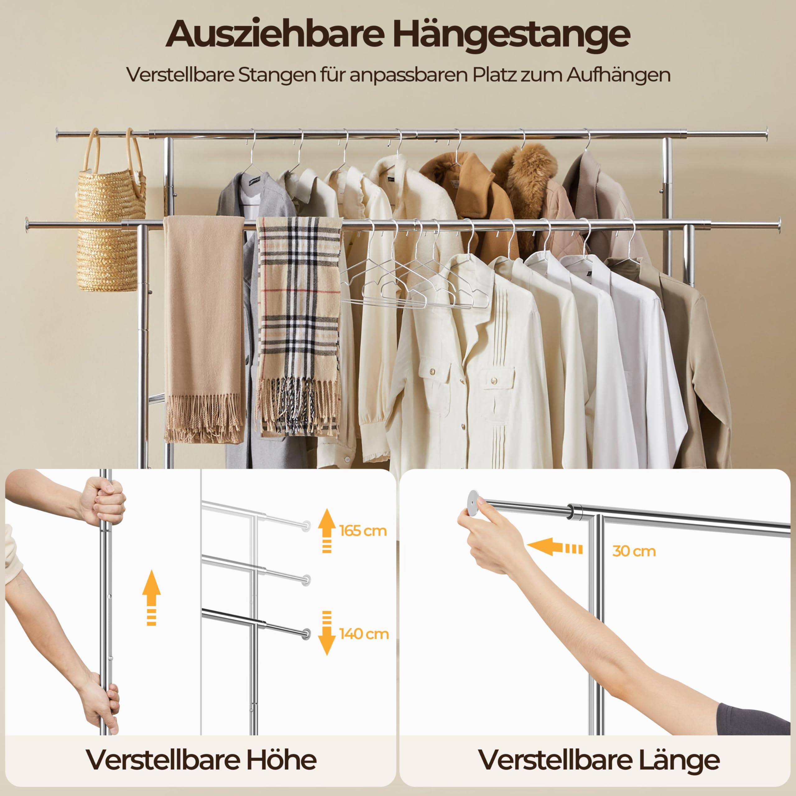 Yaheetech Industrie Kleiderständer Stabiler Garderobenständer 2 Kleiderstange mit Rollen Ausziehbarer Zusammenklappbar Höhenverstellbar Edelstahl