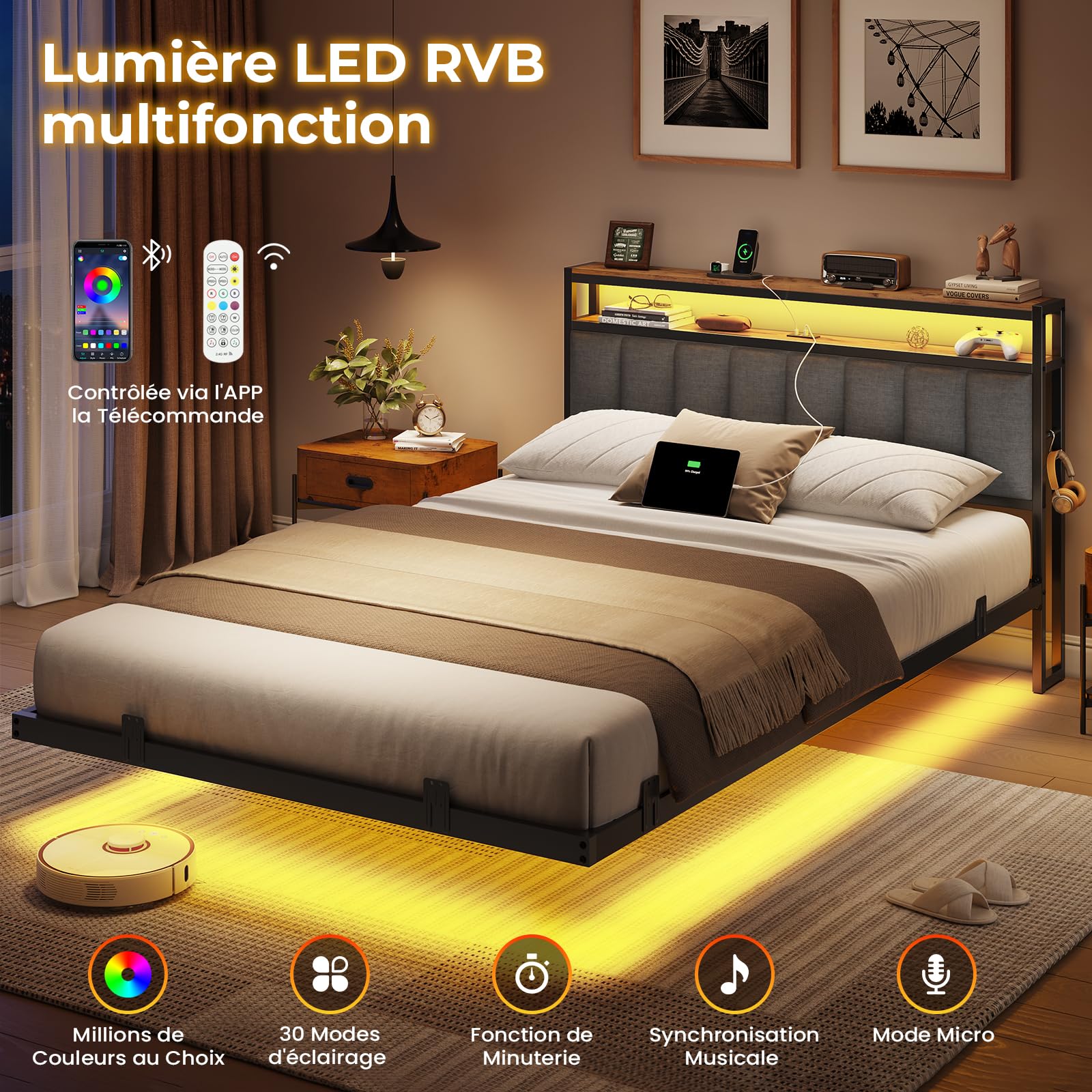 AOGLLATI Cadre de Lit 140x190 avec Multiprise et Éclairage LED, Lit 2 Personnes Flottant avec Tête de Lit Rangement, Sommier en Métal, Structure Stable, Lin Gris Foncé(sans Matelas)