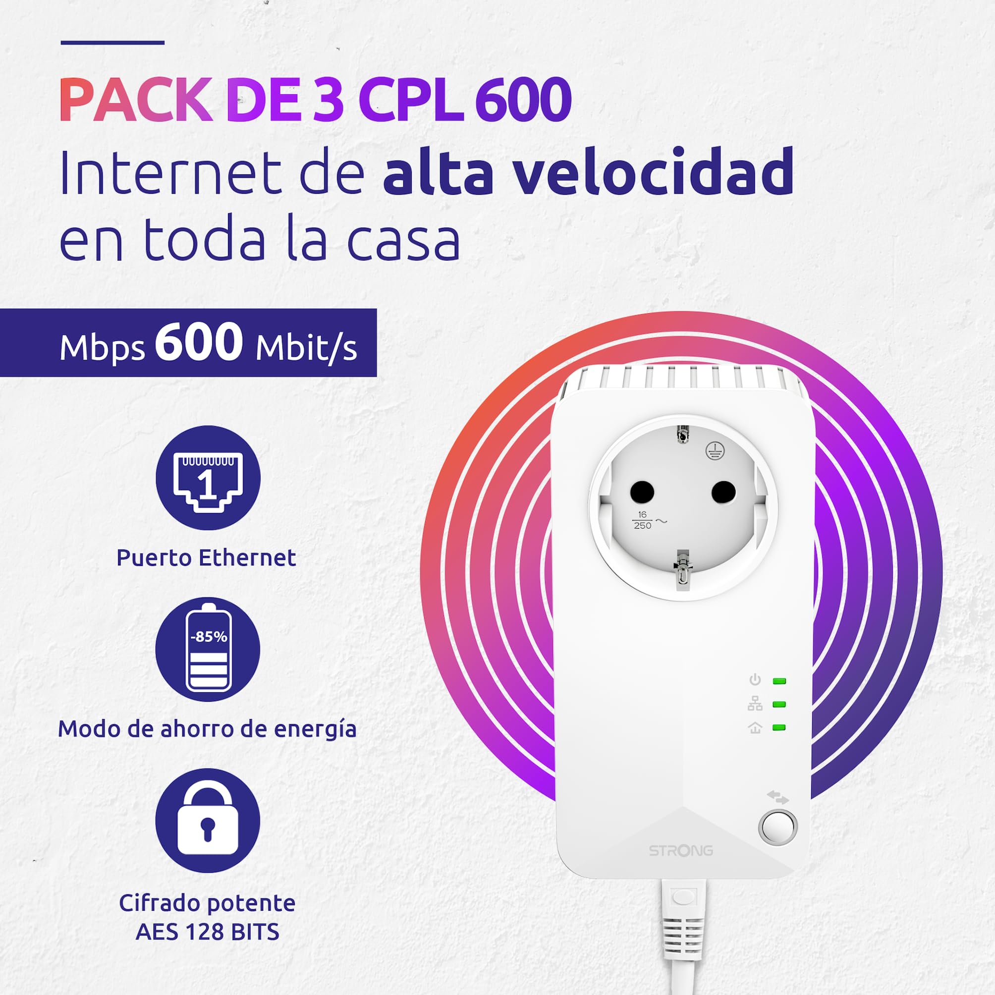 STRONG - Kit Powerline 600 - Triple Toma PLC - 600 Mbps - Compatible Box/Router - 1 Puerto Ethernet + Enchufe Filtrado - Instalación Plug & Play - Alta Velocidad - Blanco