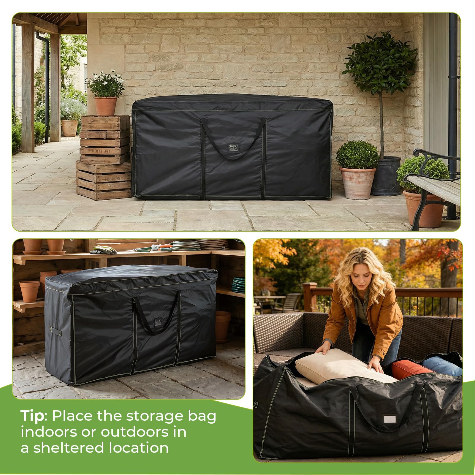GARPROVM Sac de rangement XXL pour coussins de jardin & meubles d’extérieur, 173x51x76 cm Sac de rangement pour meubles de jardin en tissu Oxford 420D doux, résistant à l’eau et à la poussière