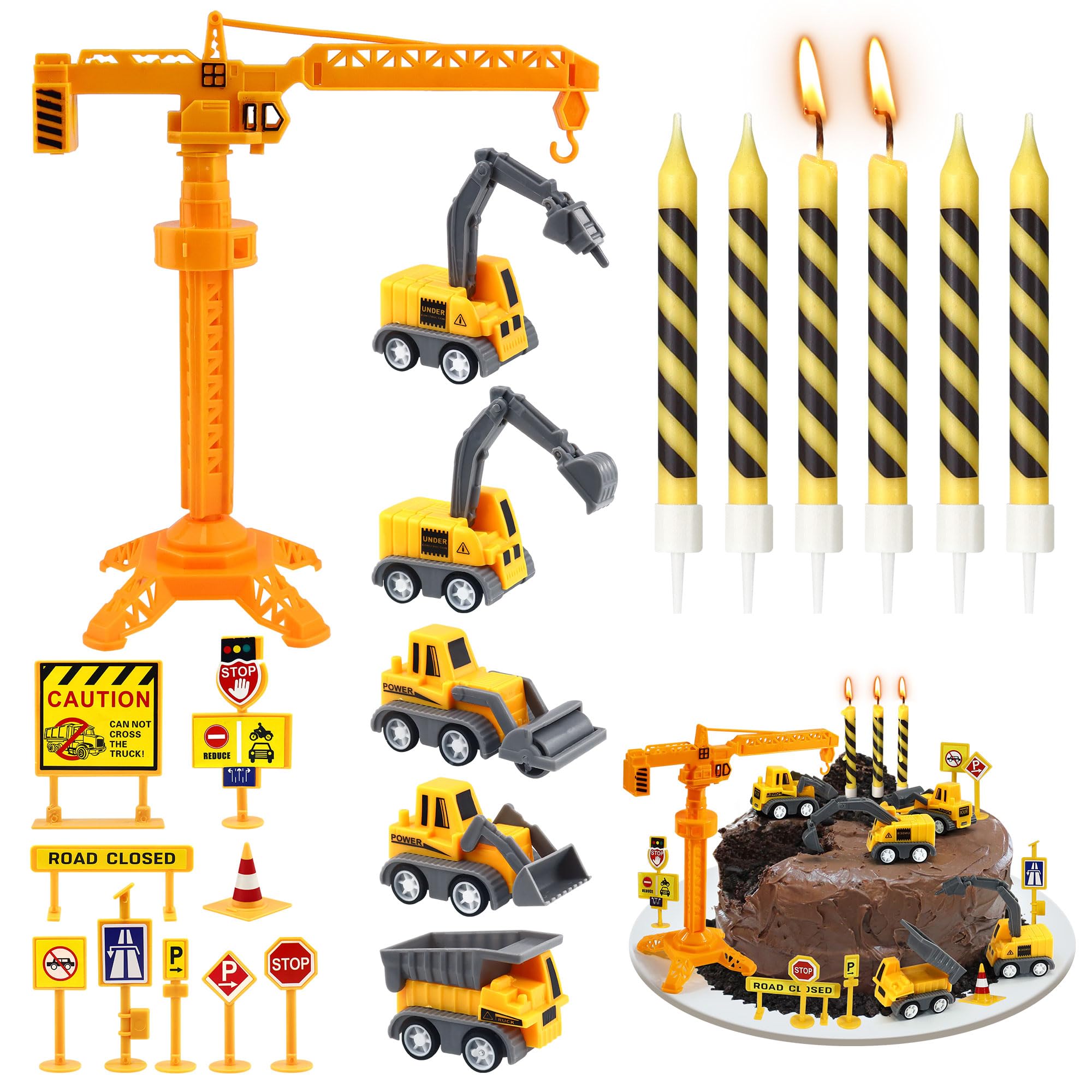 Construction Birthday Candles 21 Pcs Construction Vehicles Cake Toppers Set Road Toy Sign Tower Crane with Birthday Black Stripes Candle Cake Topper for Birthday Anniversary Party Cake Decorations
