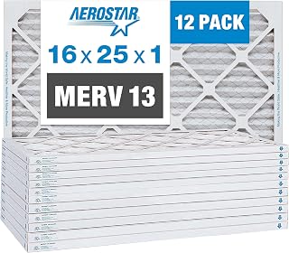 Aerostar 16x25x1 MERV 13 Pleated Air Filter, AC Furnace Air Filter, 12 Pack (Actual Size: 15 3/4" x 24 3/4" x 3/4")