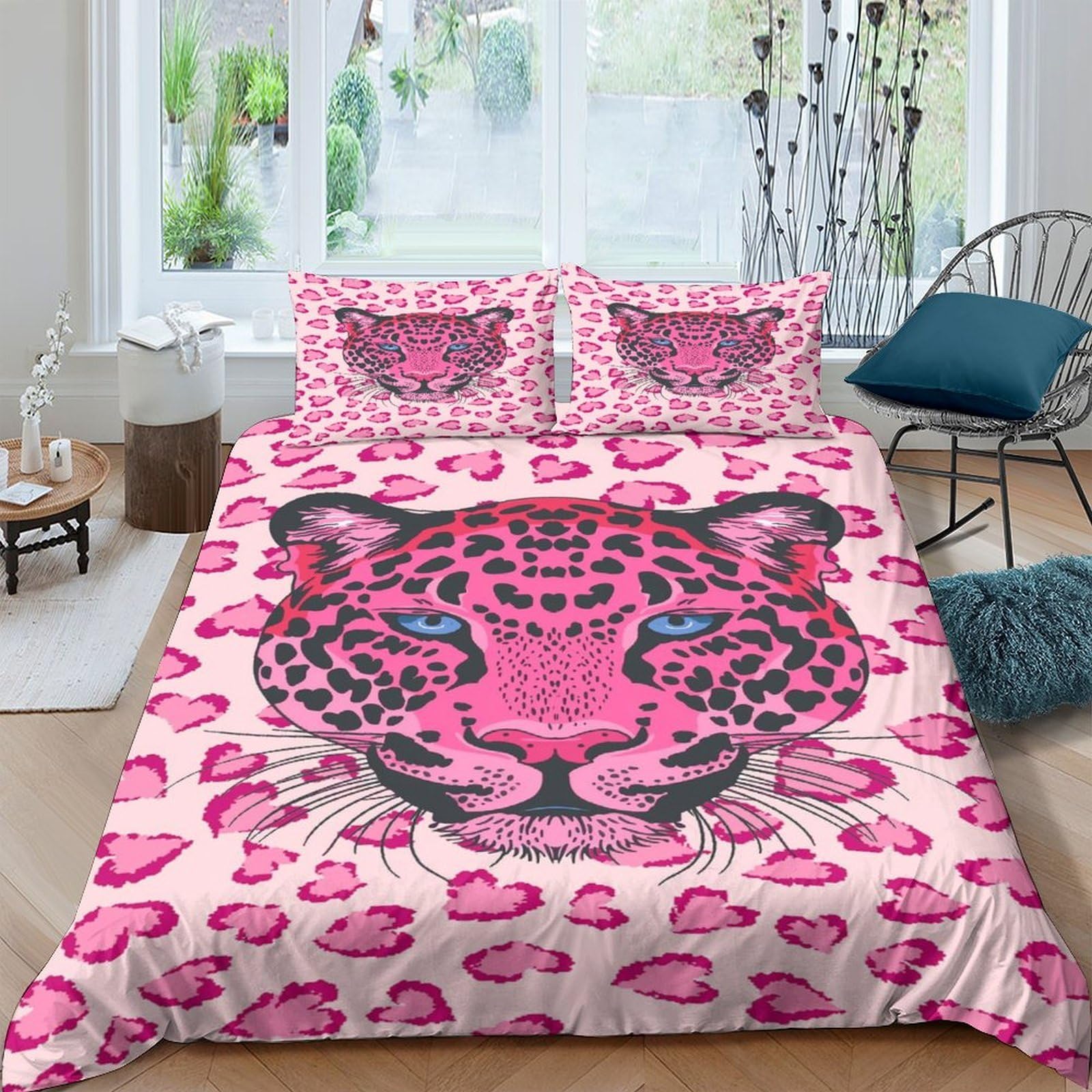 P5V6M1Q9 3D Printed Pink Leopard Duvet Cover Microfiber Soft Breathable Animal Pattern Bedding Set with 2 Pillowcases for Bedroom Decor Single（135x200cm）