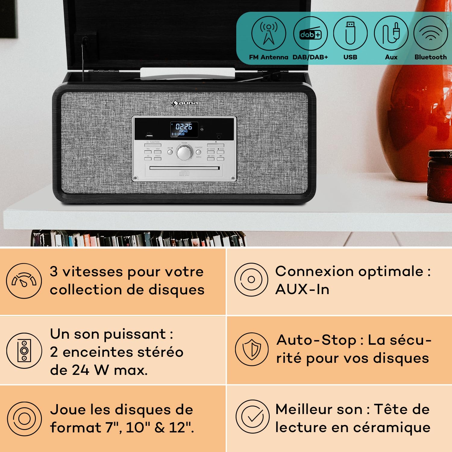 Auna Giradischi Bluetooth per Dischi in Vinile, Lettore a 3 Velocità di Riproduzione, Giradischi Vinili Vintage con Casse Stereo, Gira Dischi per Vinile CD USB con Jack per Cuffie e Adattatore, Nero
