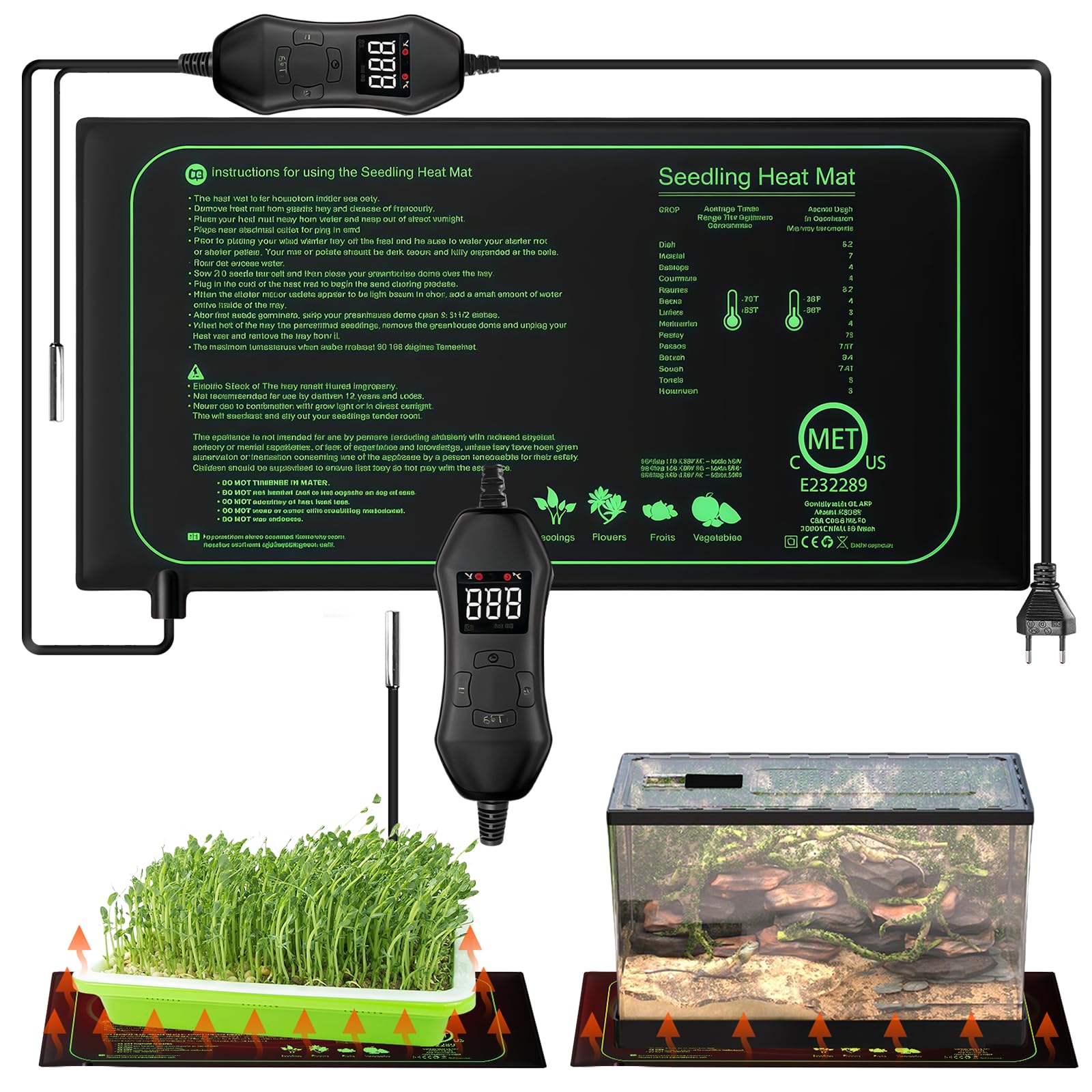 Estera calefactora para plantas: 25 x 53 cm Estera calefactora para plántulas, controlador de termostato para la germinación de planta, almohadilla calefactora para invernaderos y para reptiles