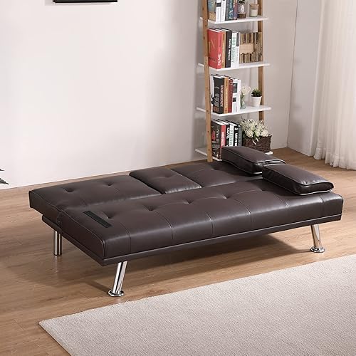 Miniatura 3 de TMEOSK Sofá cama plegable tapizado de piel sintética moderno y convertible con 2 soportes para tazas sofá cama ajustable con reposabrazos extraíbles