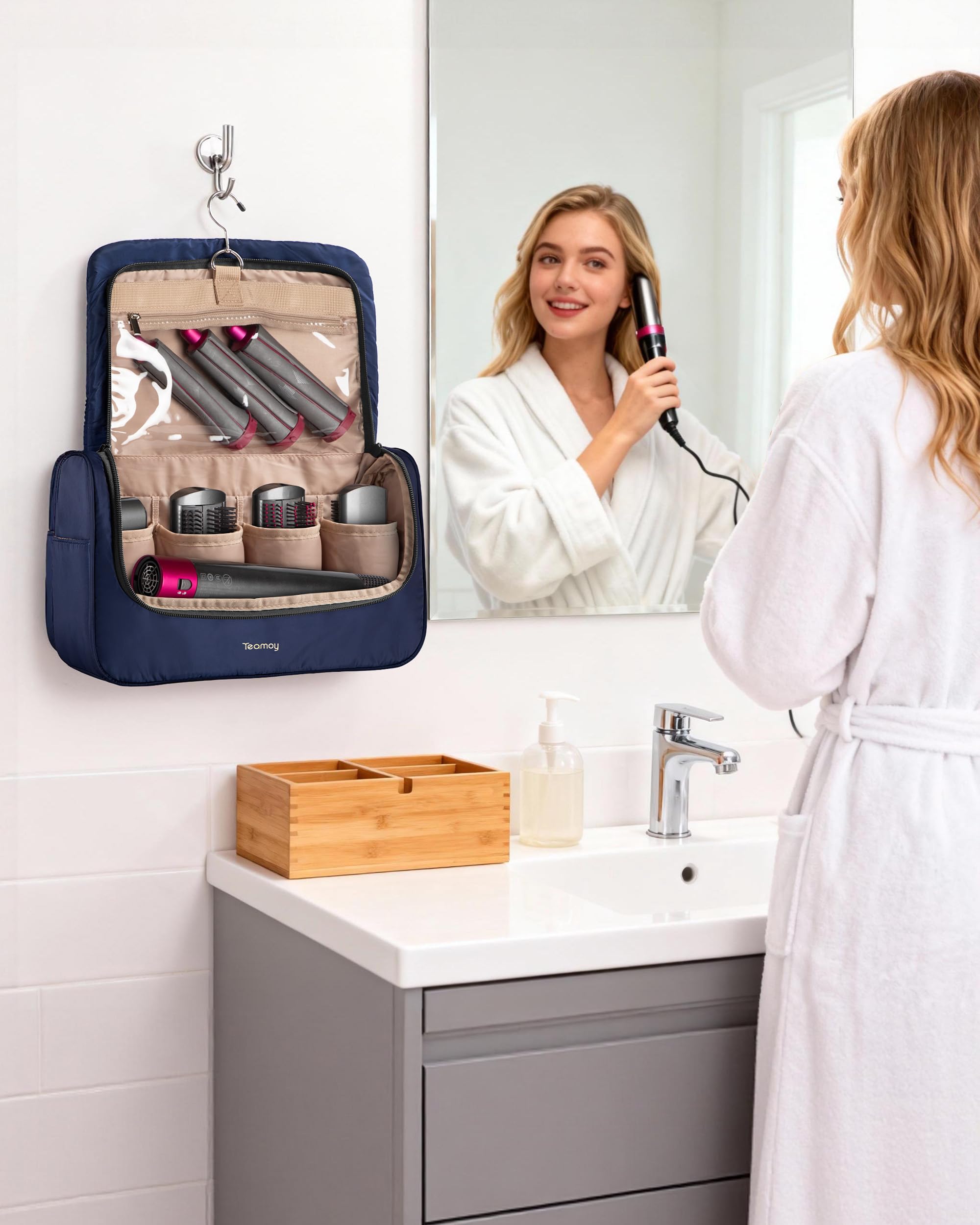 Teamoy Bolsa de Almacenamiento de Viaje Compatible con Dyson Airwrap, Organizador Portátil, Cilindro Largo, Azul Oscuro