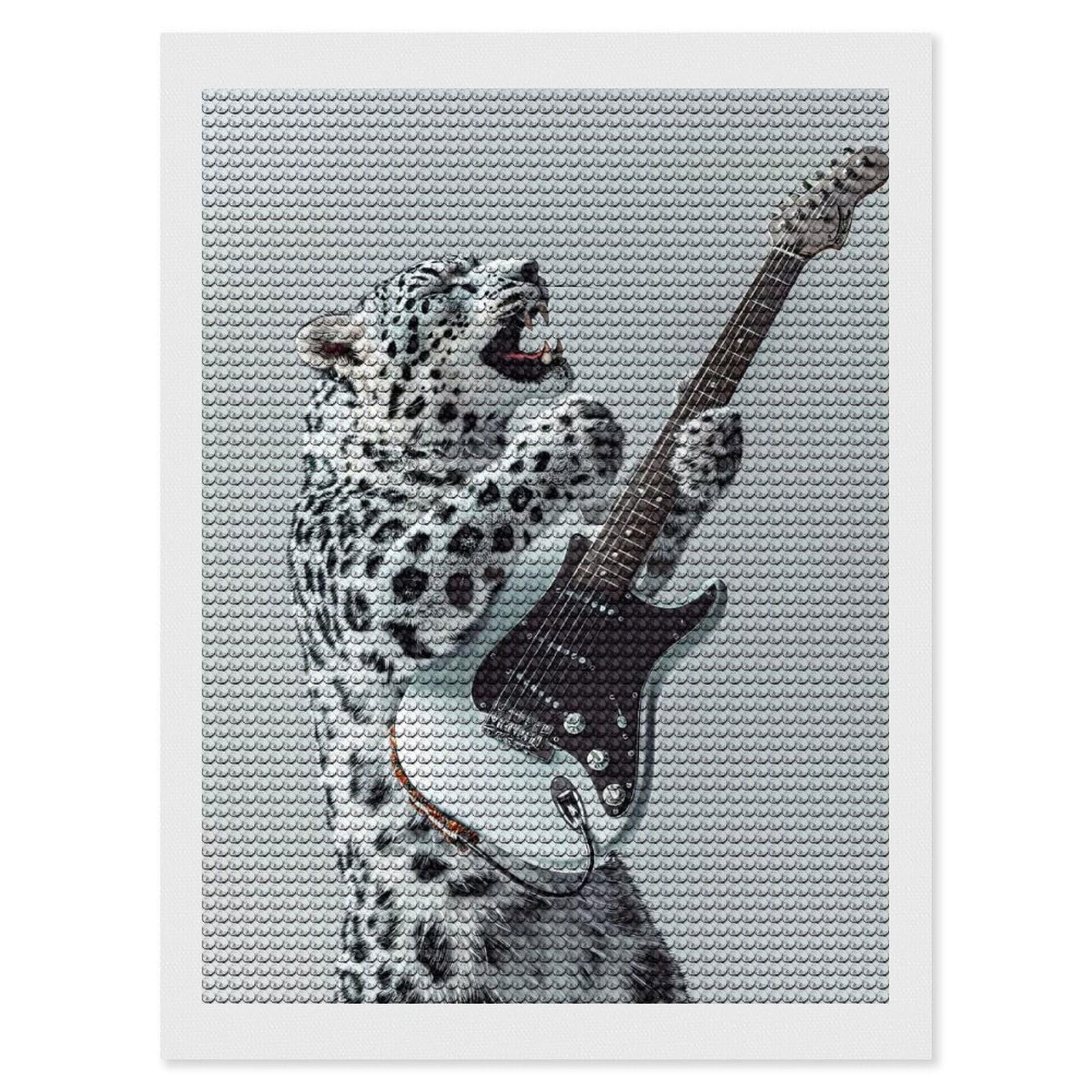 Junmoney Snow Ocelot Guitar DIY Diamond Art Canvas Kit 12"x16", Winter Craft, Mindful Craft Project, Aesthetic Room Decor, Decor Project