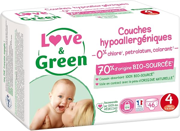 Love & Green - Couches Bébé Saines et Ecologiques - Taille 4 (7-14 Kg) - Pack 1 Mois (184 Couches) - Absorbante, anti-fuites et sans ingrédients indésirables - 2