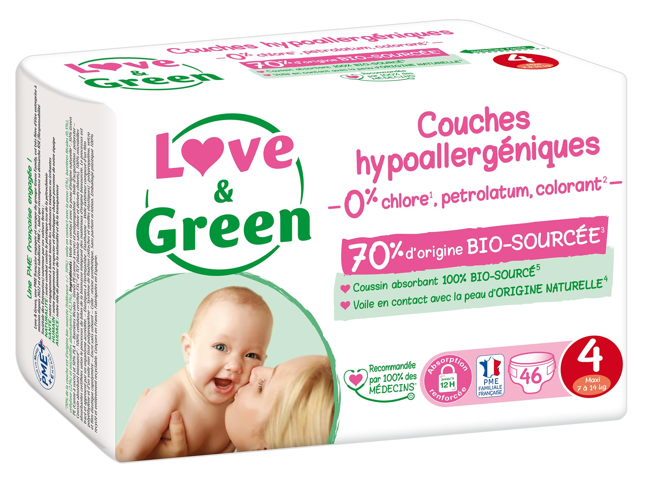 Love & Green - Couches Bébé Saines et Ecologiques - Taille 4 (7-14 Kg) - Pack 1 Mois (184 Couches) - Absorbante, anti-fuites et sans ingrédients indésirables - 3