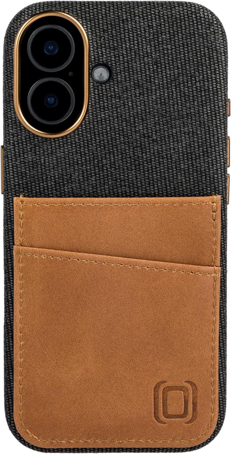 Dockem Fabric Card Case for iPhone 17 with Camera Control Button and Stitched-on Genuine Leather Wallet with 2 Holder Slots: M2F [Grey and Light Brown]