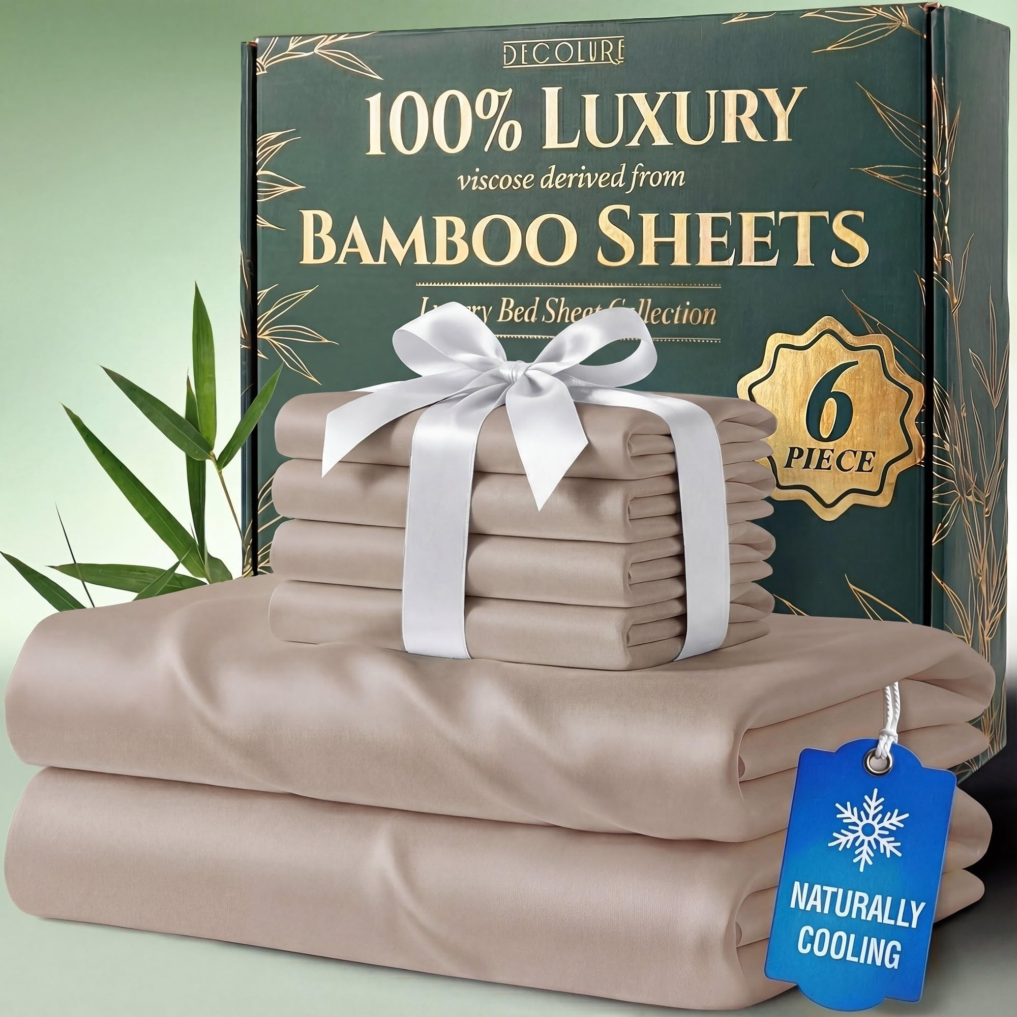 DECOLURE 100% Viscose Derived from Bamboo Sheets King Size - Luxury 6 Pc Naturally Cooling Sheets, Ultra Soft Bed Set - Deep 17" Pockets, Durable Double Stitching, Oeko Tex Standard (Taupe)
