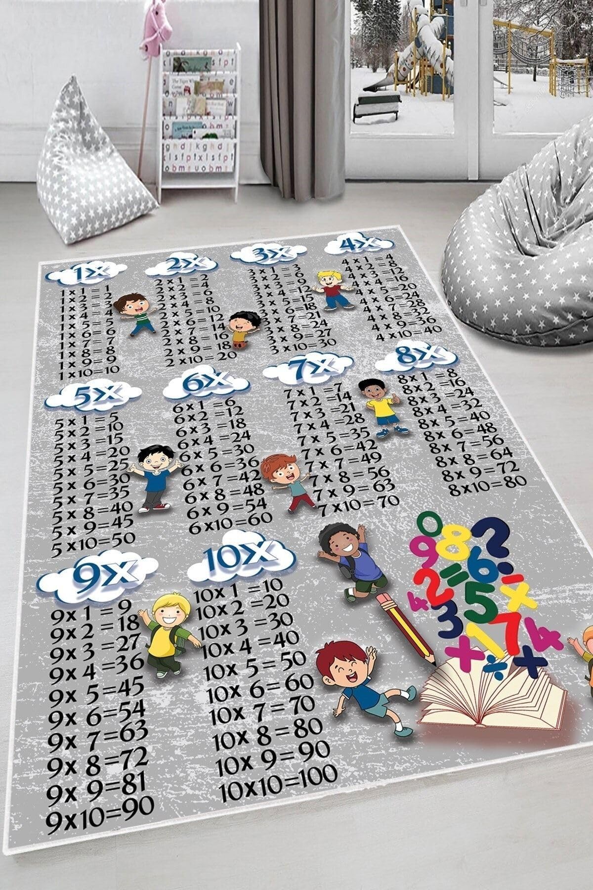 Pelangi Gri Çarpım Taplosu Eğitici Yıkanabilir Kaymaz Taban Leke Tutmazbebek Ve Çocuk Odası Halısı, Koyu Gri 130 x 180