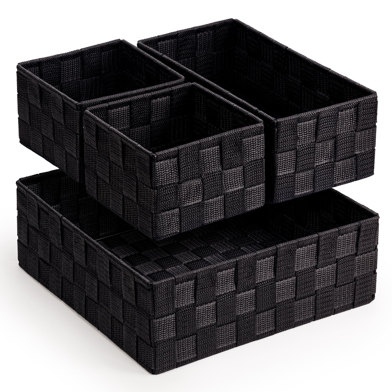 EHC Set of 4 Woven Shelf Storage Basket, Polypropylene Basket Hamper, Home Storage Organiser, Black