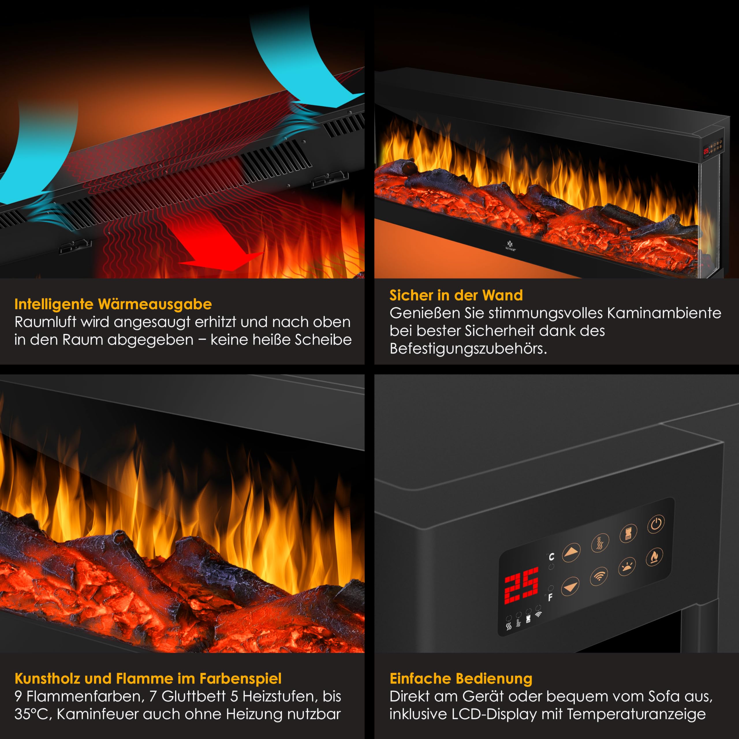 Camino Elettrico KESSER Da Parete - Effetto Fiamma LED, 900/1800W, Controllo App E Telecomando