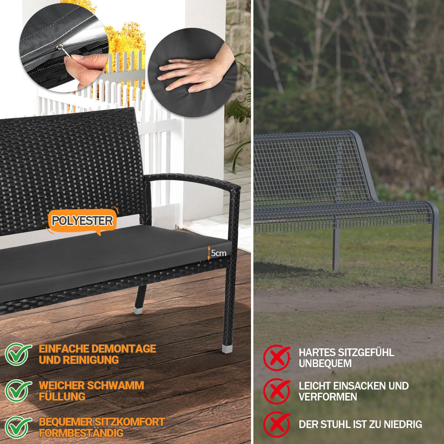 Banc de jardin résistant aux intempéries avec coussin, banc de balcon en polyrotin 2 places, 112 x 58 x 90 cm, banc d'extérieur charge jusqu'à 227 kg, banc avec dossier et accoudoirs, noir