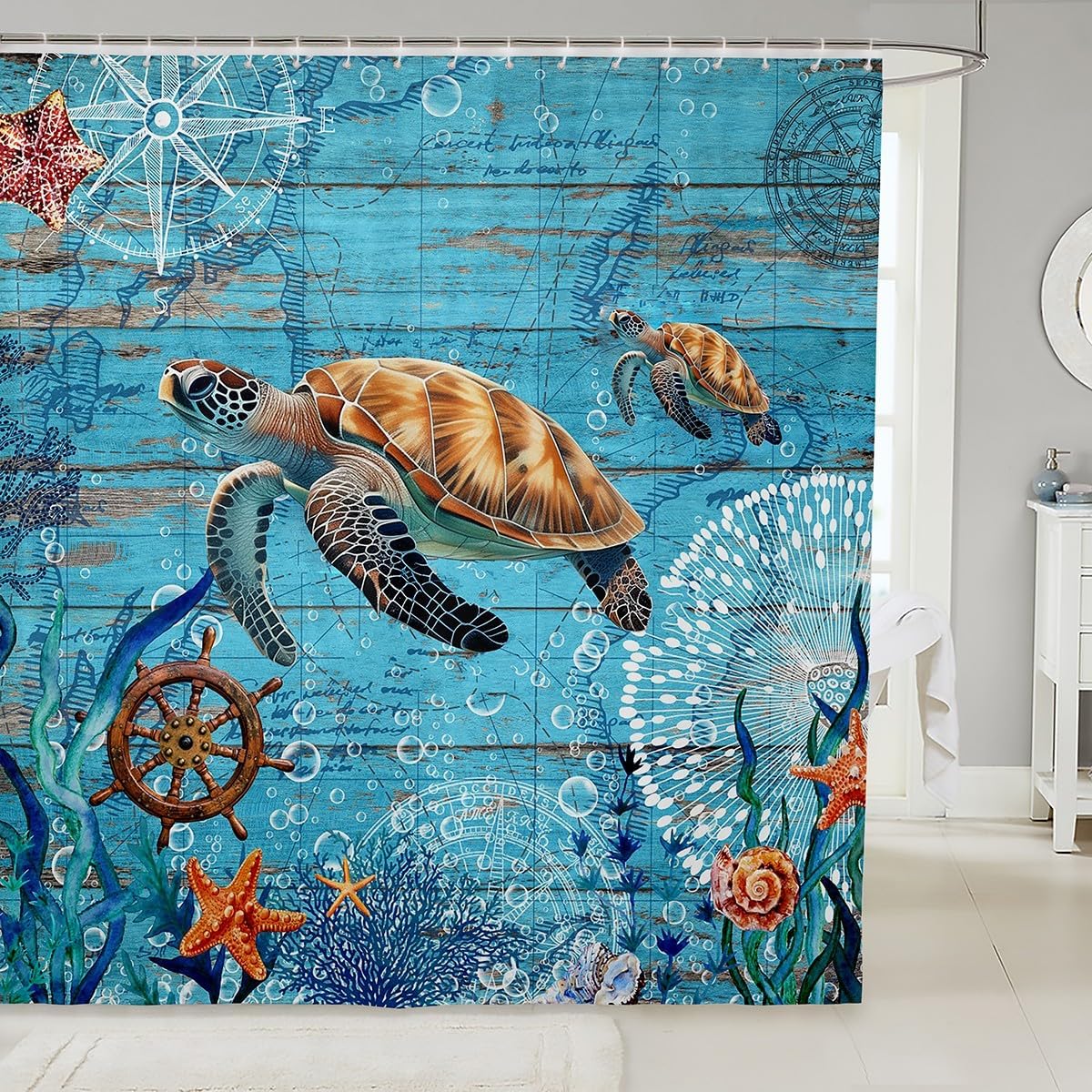 Sea Turtle Waterproof Shower Curtains Luxury Heavy Fabric Bathroom Shower Curtain Navigation Route Hotel Home Dorm Bathtubs Decor Shower Curtain Machine Washable Grommet Curtain 72 x 84 Inch