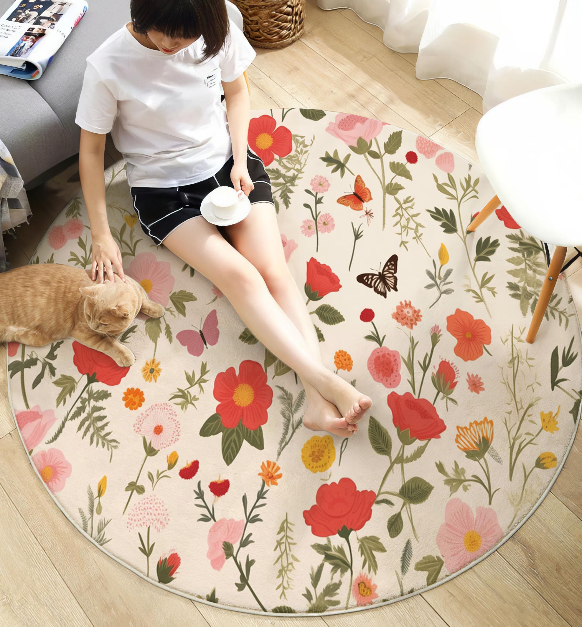Tappeto Salotto Rotondo Grande Pelo Corto, Estetica Delle Piante Grandi Antiscivolo Tondo Moquette,Rose Selvatiche Farfalle Bambini Camera,Domestica Decor Tappeti (Ø 180 cm,Rosa)