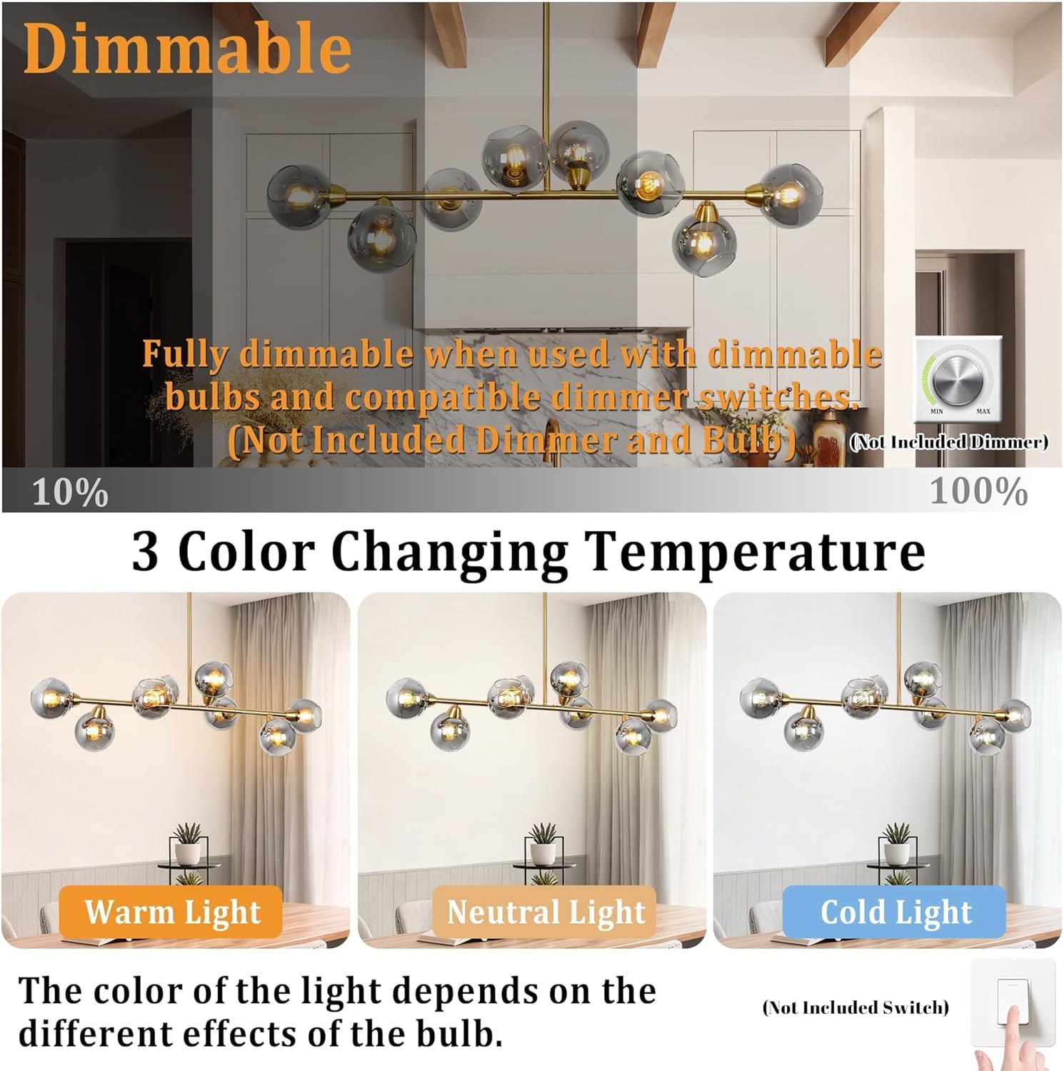 Gold Linear Chandelier Dining Room 8-Lights Smoky Gray Glass Globe Sputnik Chandelier Kitchen Island Linear Pendant Light for Living Room, Farmhouse Dia 50 Inch