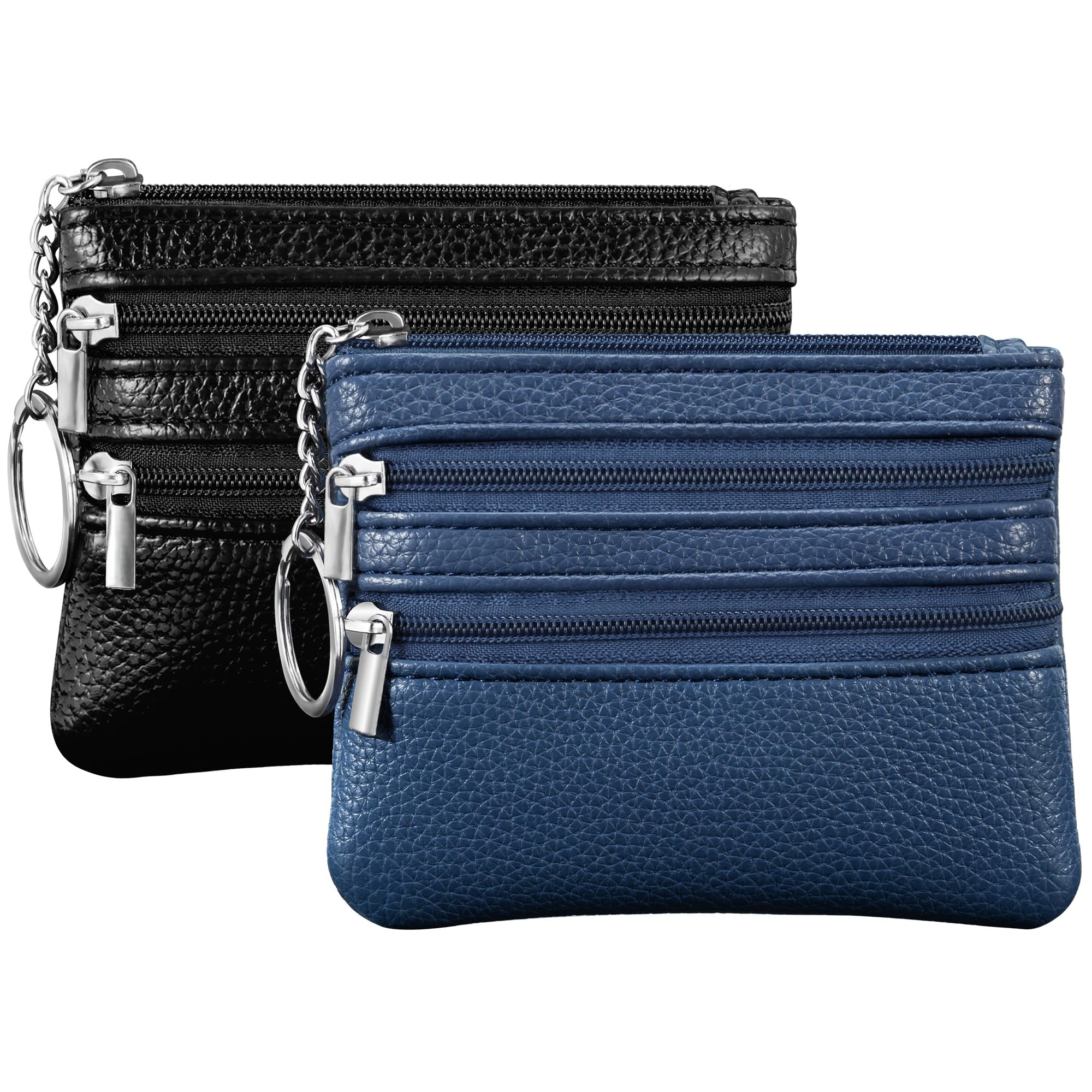 Chelmon 2 Pack Coin Purse Pouch Change Card Holder Wallet with Keychain for Women and Men (Black &amp; Blue)