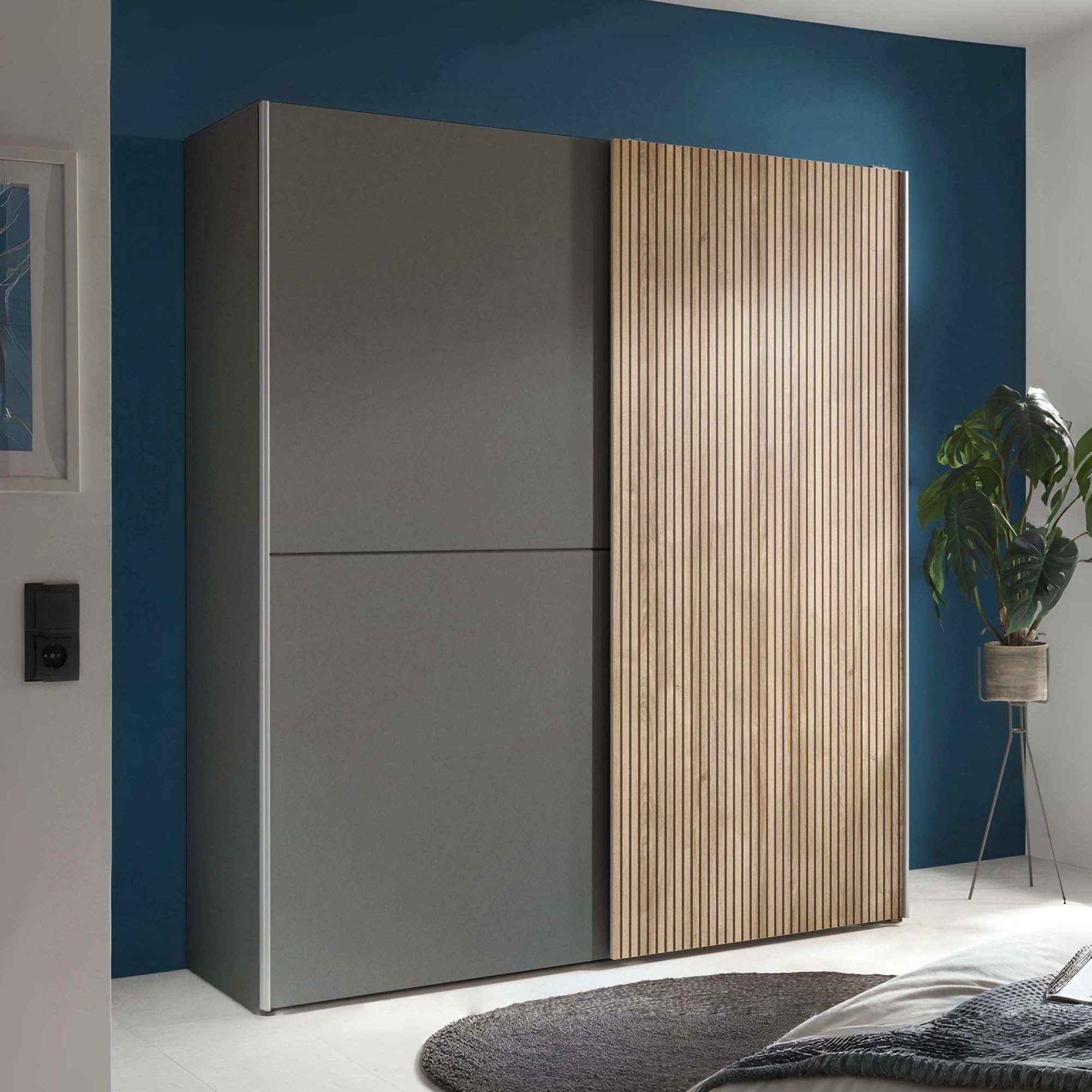 Julian Bowen - Berno - Sliding 2 Door Wardrobe - Oak - Grey - 196 x 170 x 58 cm