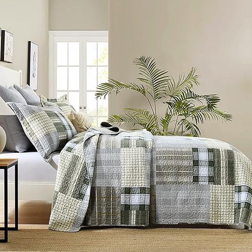 Miniatura 3 de Y-PLWOMEN Juego de edredón Queen 100 algodón colcha verde y blanco tamaño Queen juego de ropa de cama reversible ligero a cuadros para todas las