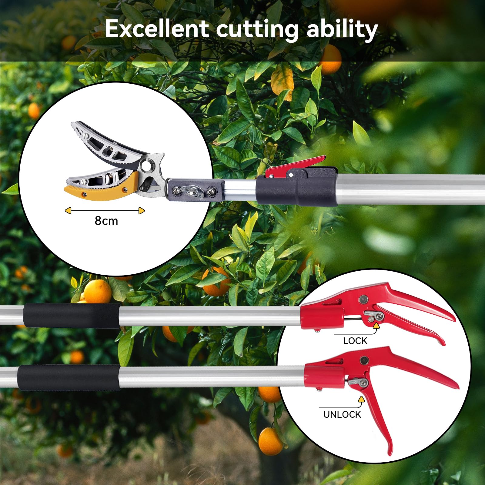 GARTOL Teleskop Astschere 1,3-2,2 m, Baumschere für frische Äste, Astschneider mit SK5 3D-Klinge, ausziehbar für hohen Baumschnitt und Obstpflückschere