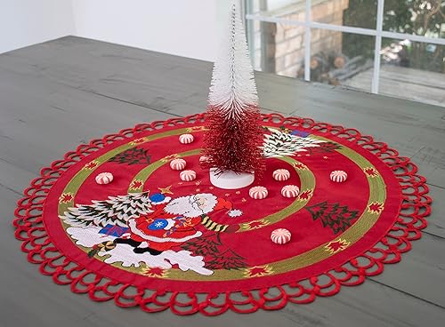 Miniatura 3 de Tapete bordado de Papá Noel y árboles de Navidad, tapete individual sobre rojo (redondo de 24 pulgadas)