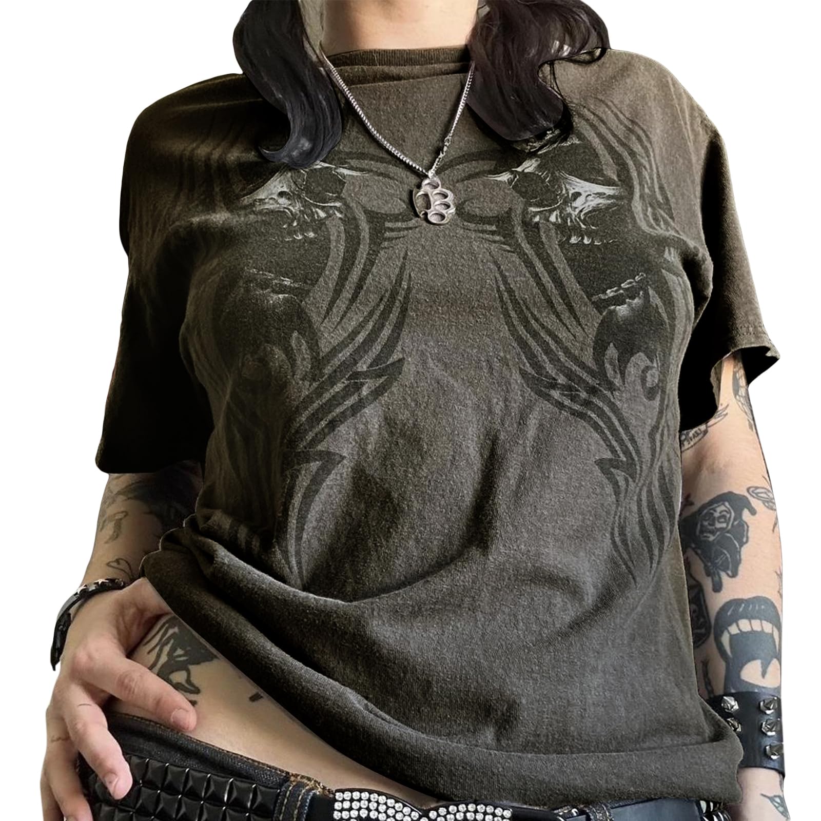 Grunge Graphic Tees for Women Y2k Vintage Gothic T Shirt Teen Girls Aesthetic Emo Baggy Tops 2000s Alternative Clothes