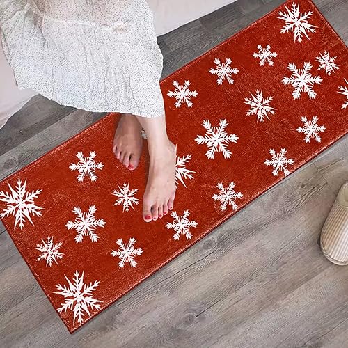 Miniatura 5 de ABREEZE Alfombra de pasillo de Navidad, alfombra de copo de nieve roja, alfombra suave y esponjosa, alfombra antideslizante para decoración del