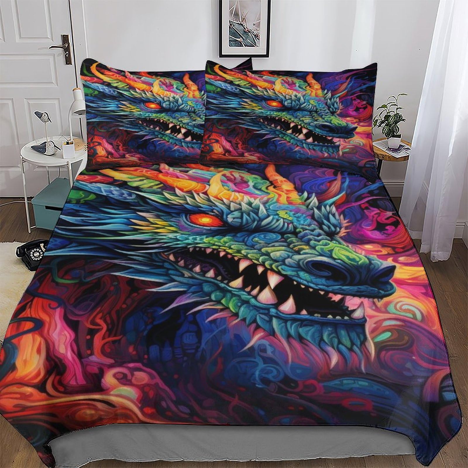 Housse de couette dragon 200x200cm double en microfibre de coton douce avec taie d'oreiller